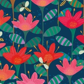 Buzzy -(12") - Pretty red flowers and flying bee type insects  in this design on a dark blue background.