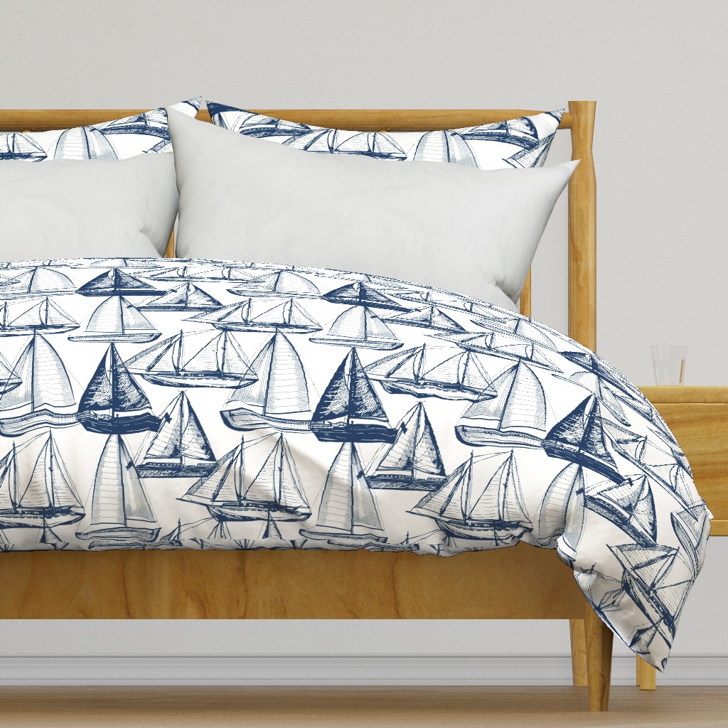 Navy-sailboats-on-white lake sailing boats boys room lakehouse decor white boats