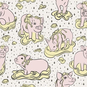 Buttered piggies! Piglets playing in puddles of butter on a slight textured background