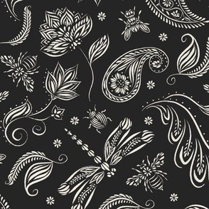 Paisley Doodle Bugs with Bees, Dragonflies, Beetles and Flies | Black and White