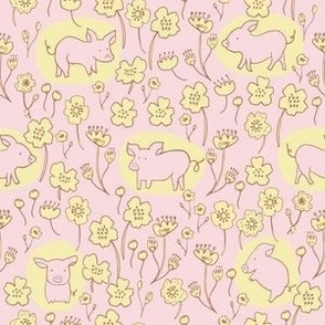 Small - PIGLET AND BUTTERCUPS - Flower Meadow - Cute Pigs - Pink Yellow Brown (Small)