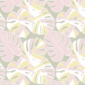 Pastel Pink and Yellow Monstera leaves 5. MEDIUM Sage Green