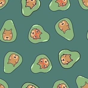 2 in. capybaras avocados. turquoise color background