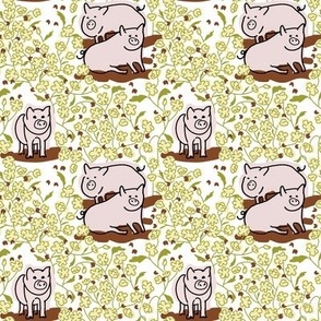 Pigs roaming through the flowers