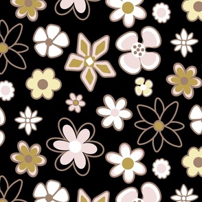 60s Retro Flowers and Stripes in Butter and Piglet East Fork Colours on Black