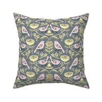 Birds and Buttercups - folk art floral in yellow, pink and gray