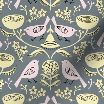 Birds and Buttercups - folk art floral in yellow, pink and gray