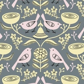 Birds and Buttercups - folk art floral in yellow, pink and gray