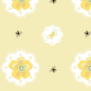 Pale Yellow and Spring Green Lace Bumble Bees and Butterflies
