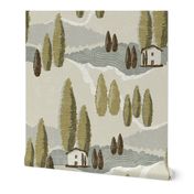 Italian Cypress Landscape Wallpaper - Earth Tones -