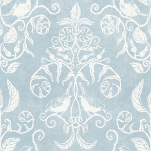 bird damask, fern damask traditional wallpaper in blue