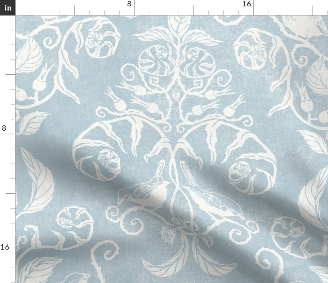 bird damask, fern damask traditional wallpaper in blue