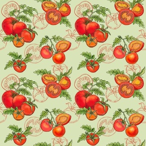 Red Tomatoes with line art on green ground - larger version