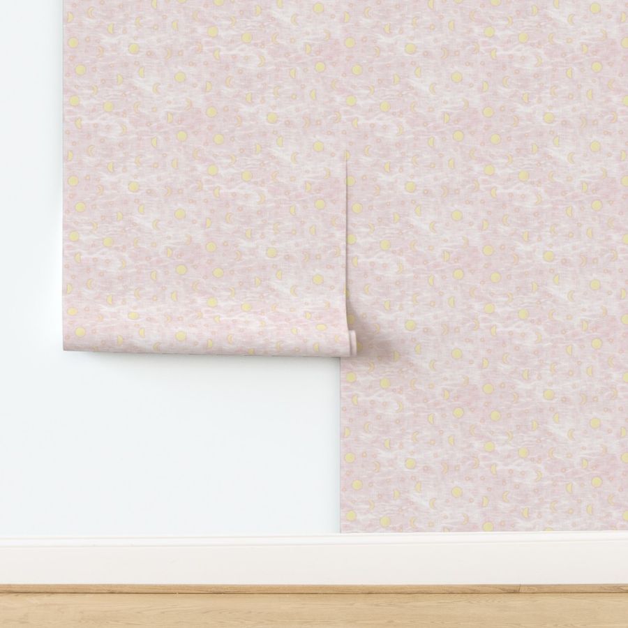 Shibori Moons and Stars | 'Butter' and 'Piglet' for East Fork. Star fabric, block printed moon on linen pattern, crescent moon, arashi shibori linen, pink and yellow.