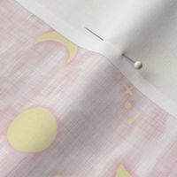 Shibori Moons and Stars | 'Butter' and 'Piglet' for East Fork. Star fabric, block printed moon on linen pattern, crescent moon, arashi shibori linen, pink and yellow.