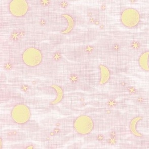 Shibori Moons and Stars | 'Butter' and 'Piglet' for East Fork. Star fabric, block printed moon on linen pattern, crescent moon, arashi shibori linen, pink and yellow.