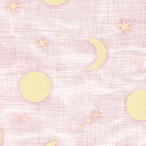 Shibori Moons and Stars (xl scale) | 'Butter' and 'Piglet' for East Fork. Star fabric, block printed moon on linen pattern, crescent moon, arashi shibori linen, pink and yellow.