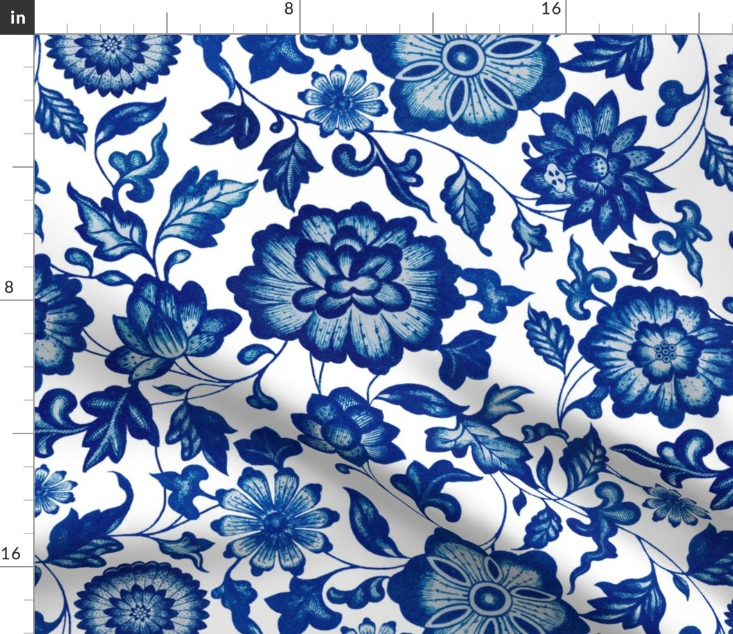 18"  Blue and white luxurious restored hand painted summer wildflower chinoiserie meadow  - home decor,    Baby Girl and nursery fabric perfect for kidsroom wallpaper, kids room, kids home decor