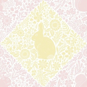 Rabbit and Squirrel Woodland Botanical Checkers - piglet pink and butter yellow - medium