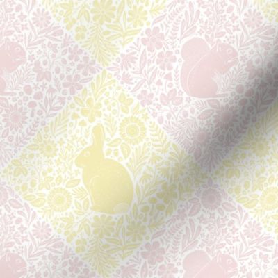 Rabbit and Squirrel Woodland Botanical Checkers - piglet pink and butter yellow - small