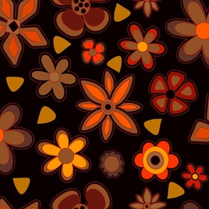60s Flowers in Reds and Oranges on Black Background