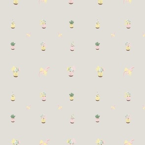 Spring Florals Succulents in Ceramic Pottery Pastel Pink Light Yellow Butter Piglet Tail Illustrated on Tan