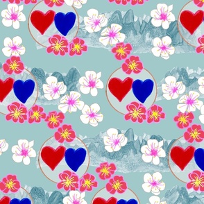 Couple Hearts, Mountains and Blossom