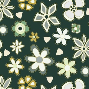 60s Flowers and Stripes in Green and Beige