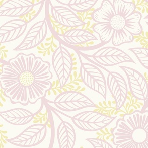 Soft Spring- Victorian Floral-Pink on Off White Background- Climbing Vine with Flowers- Pastel Pink- Pastel Yellow- Soft Pink- Soft Yellow- Nursery Wallpaper- William Morris Inspired- Extra Large