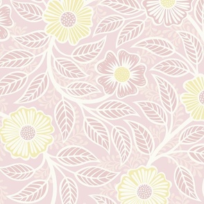 Soft Spring- Victorian Floral- Off White on Pink Background- Climbing Vine with Flowers- Pastel Pink- Pastel Yellow- Soft Pink- Soft Yellow- Nursery Wallpaper- William Morris Inspired- Large