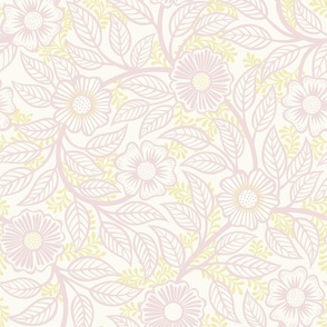 Soft Spring- Victorian Floral-Pink on Off White Background- Climbing Vine with Flowers- Pastel Pink- Pastel Yellow- Soft Pink- Soft Yellow- Nursery Wallpaper- William Morris Inspired- Medium