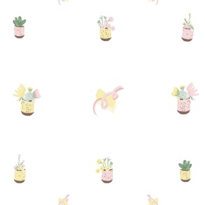 Spring Florals Succulents in Ceramic Pottery Pastel Pink Light Yellow Butter Piglet Tail Illustrated