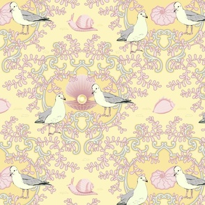 seagulls and pink shells on butter yellow
