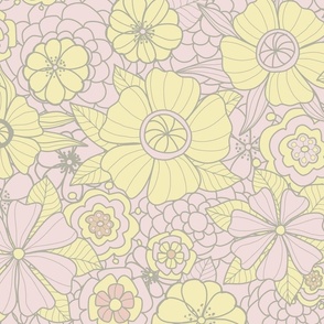 xl - Retro Flowers 1 - dense floral lace ornament in Piglet pink and Butter yellow