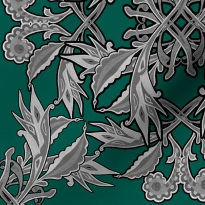 Silver celtic flowers on forest green / large scale