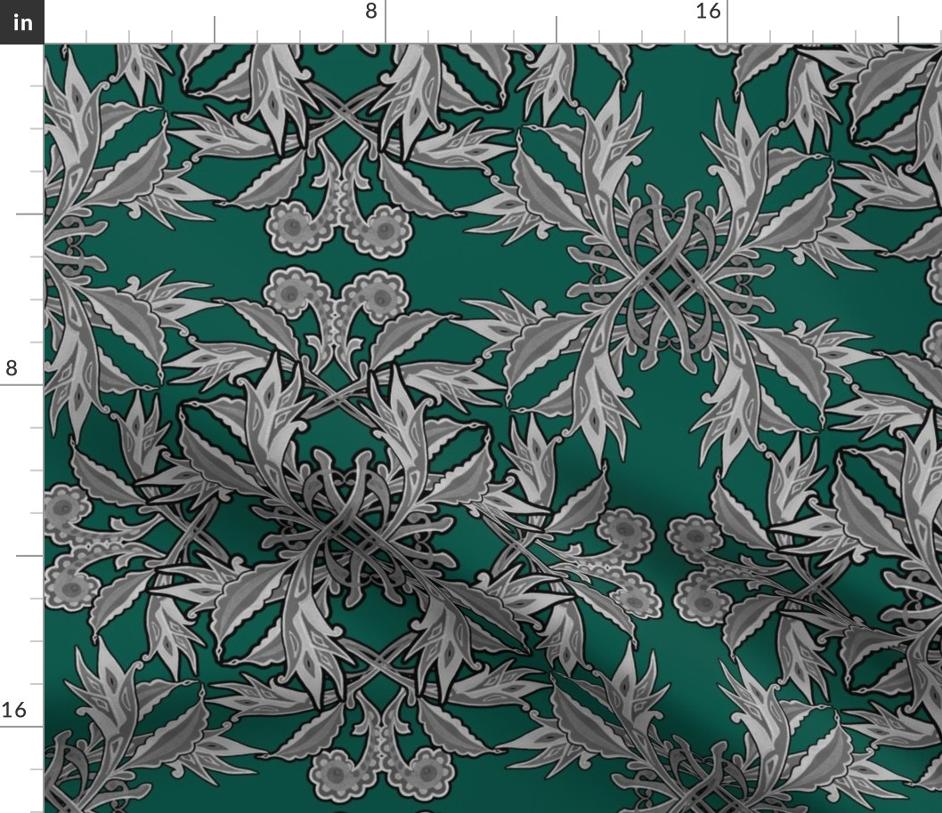 Silver celtic flowers on forest green / large scale