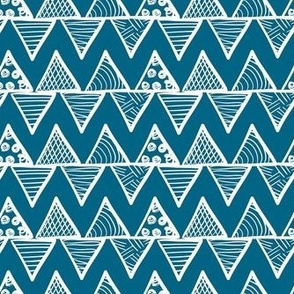 Smaller Scale Tribal Triangle ZigZag Stripes White on Peacock Blue 