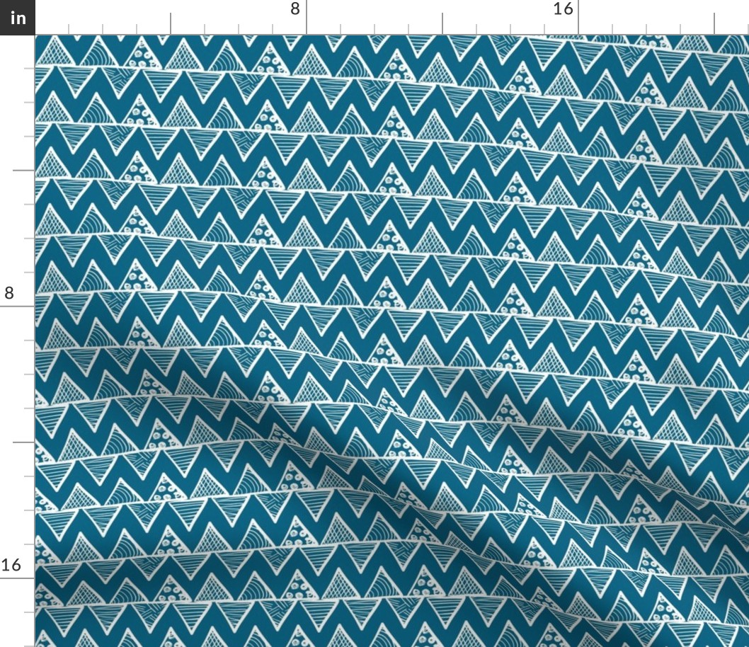 Smaller Scale Tribal Triangle ZigZag Stripes White on Peacock Blue 
