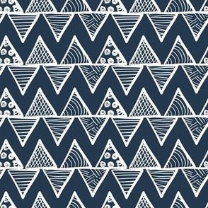 Smaller Scale Tribal Triangle ZigZag Stripes White on Navy Blue 