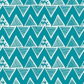 Smaller Scale Tribal Triangle ZigZag Stripes White on Lagoon Turquoise Blue