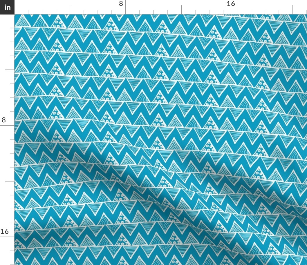 Smaller Scale Tribal Triangle ZigZag Stripes White on Caribbean Blue 