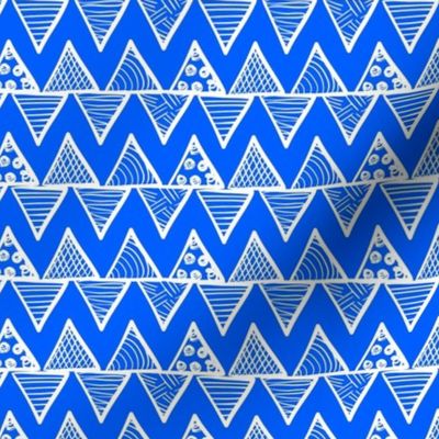 Smaller Scale Tribal Triangle ZigZag Stripes White on Cobalt Blue
