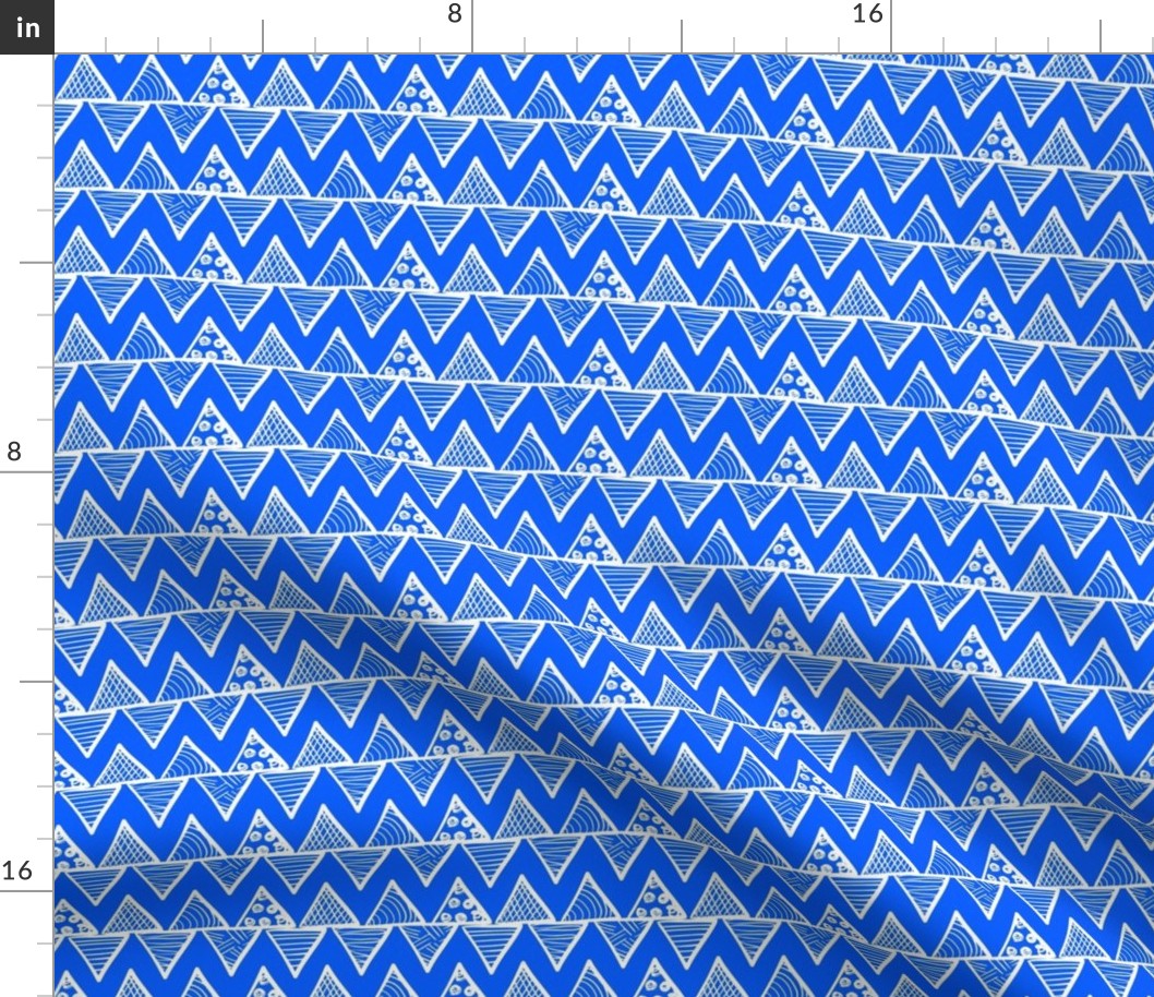 Smaller Scale Tribal Triangle ZigZag Stripes White on Cobalt Blue