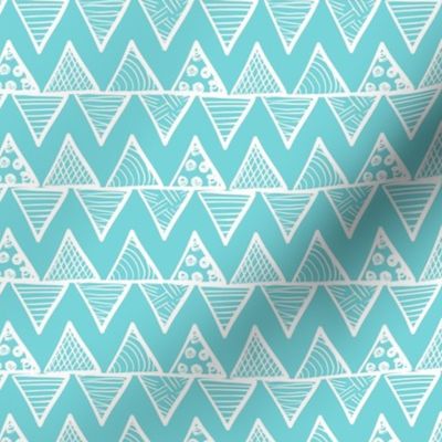 Smaller Scale Tribal Triangle ZigZag Stripes White on Pool Blue 