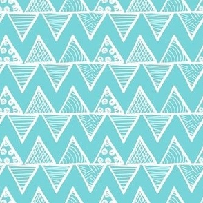 Smaller Scale Tribal Triangle ZigZag Stripes White on Pool Blue 