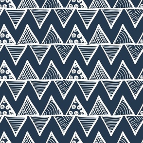 Bigger Scale Tribal Triangle ZigZag Stripes White on Navy Blue