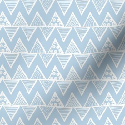 Smaller Scale Tribal Triangle ZigZag Stripes White on Fog Blue 