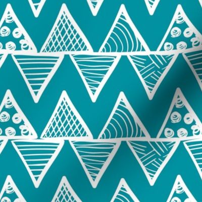 Bigger Scale Tribal Triangle ZigZag Stripes White on Lagoon Turquoise Blue
