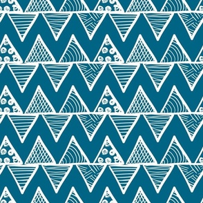 Bigger Scale Tribal Triangle ZigZag Stripes White on Peacock Blue