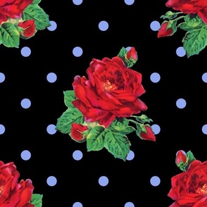 Red vintage roses blue polkadots on black - jumbo